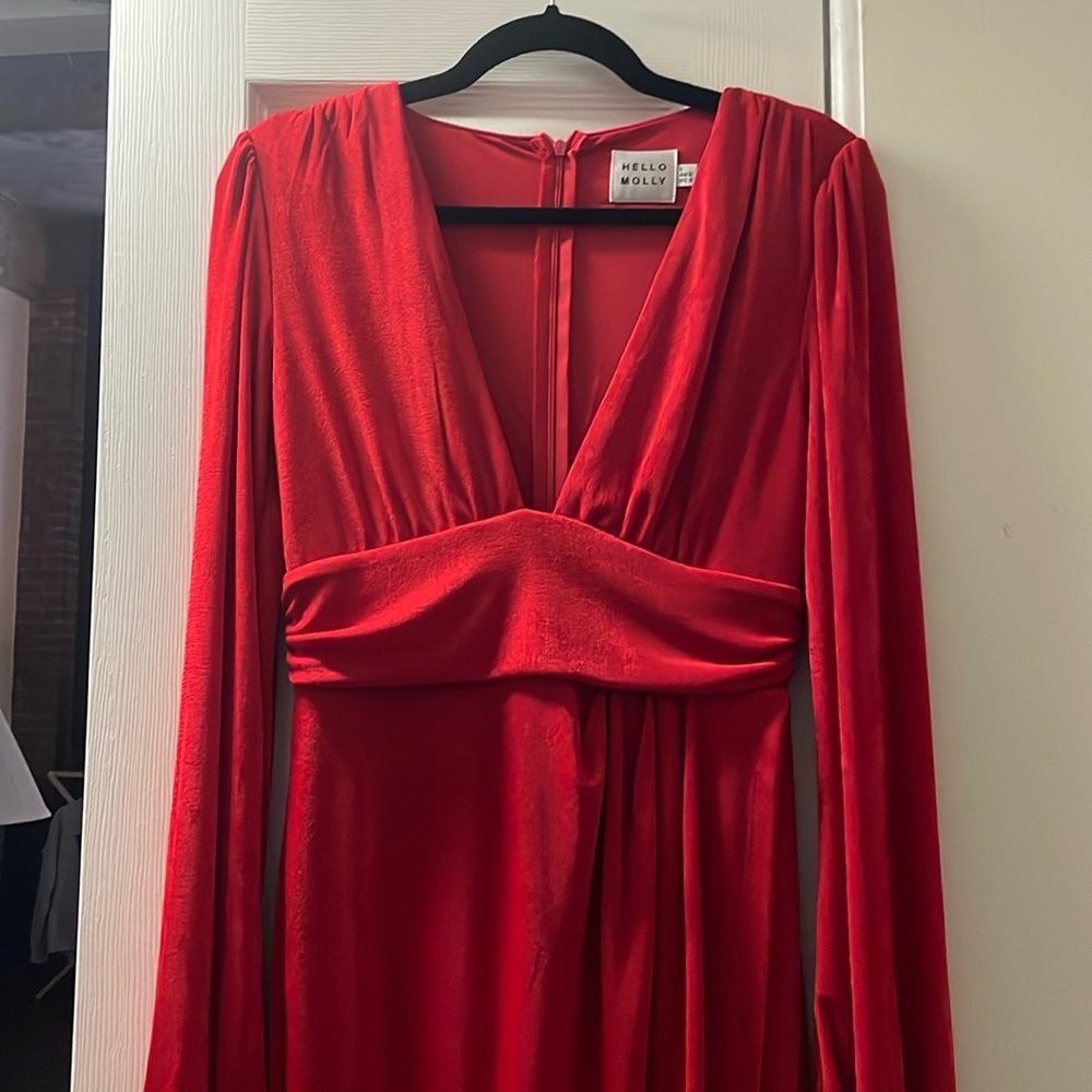 Red long sleeve plunge wrap dress.